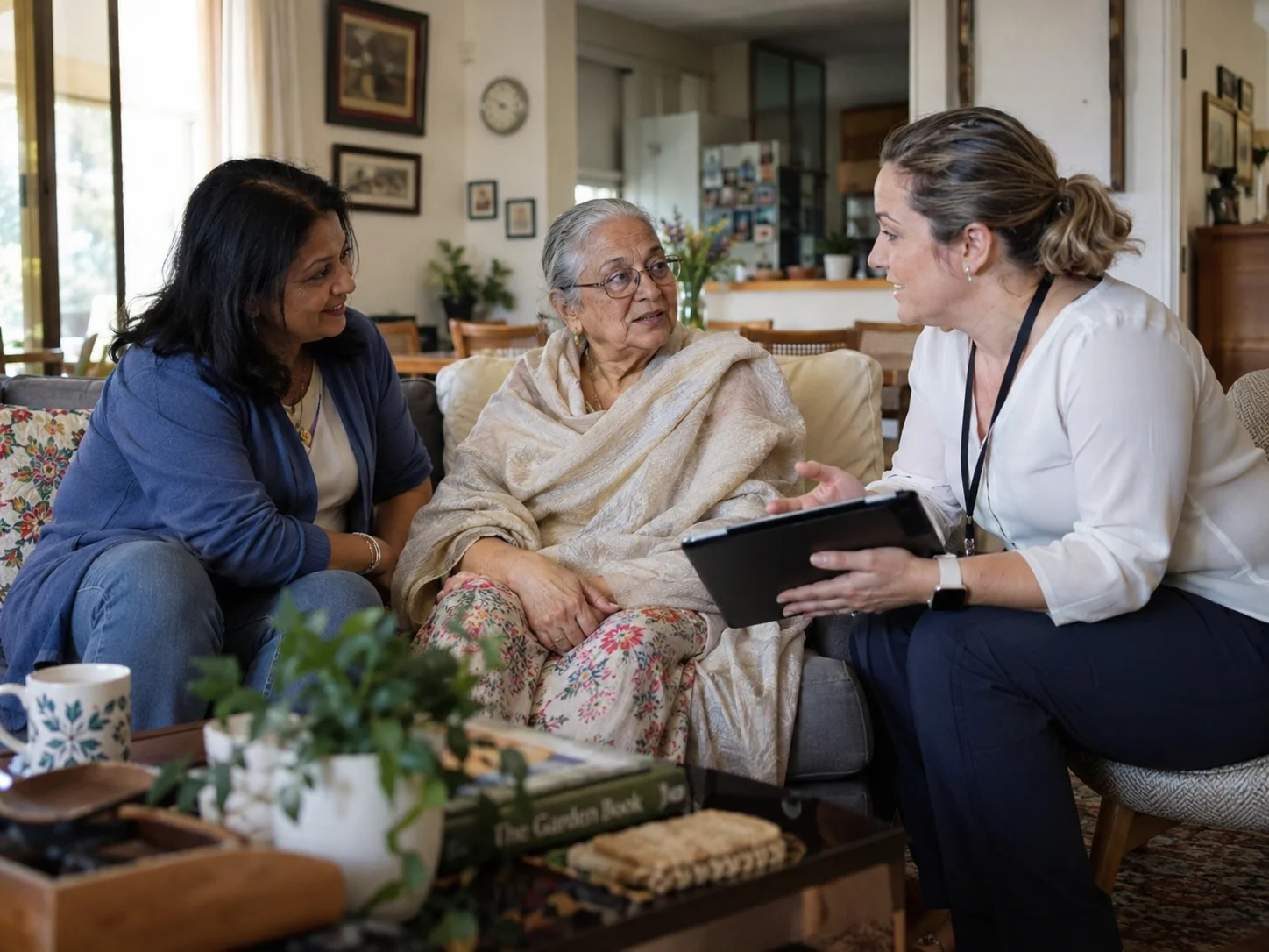 Older woman and family member discussing care options with a care professional at home