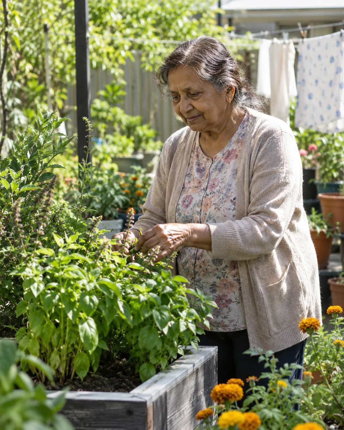 Older woman enjoying gardening independently at home