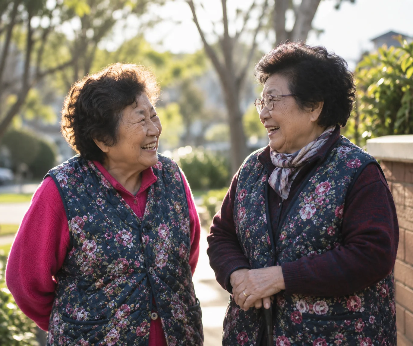 Two older Korean women laughing together in their neighbourhood