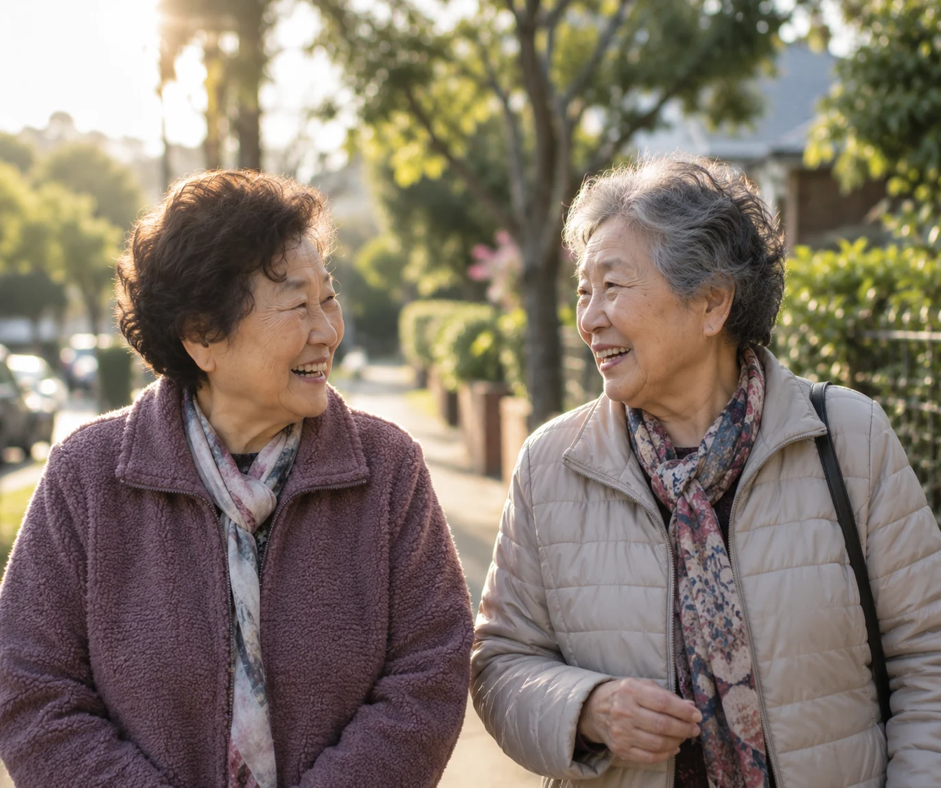Two older Korean women walking and talking together outdoors