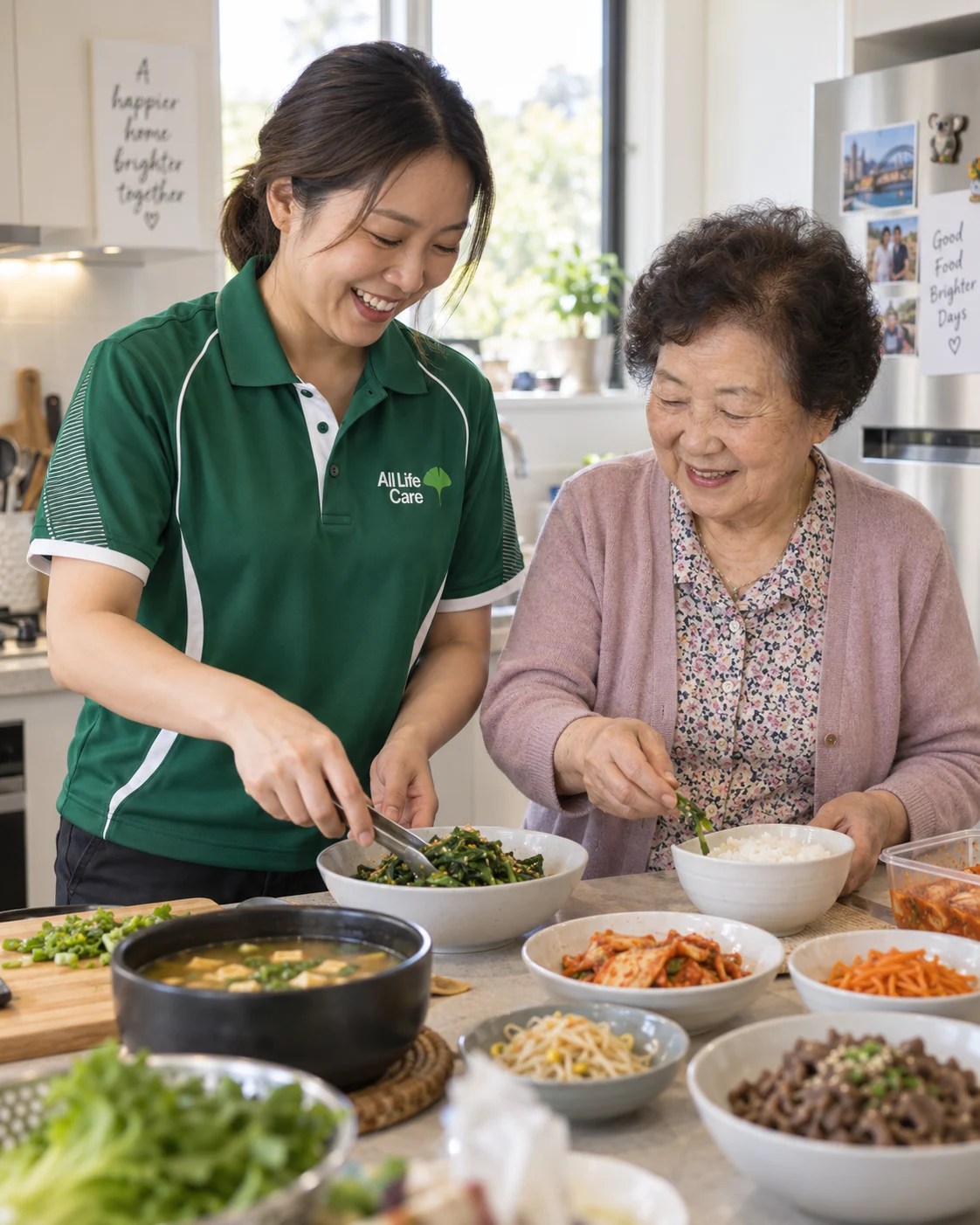 All Life Care support worker preparing a Korean meal with an older client
