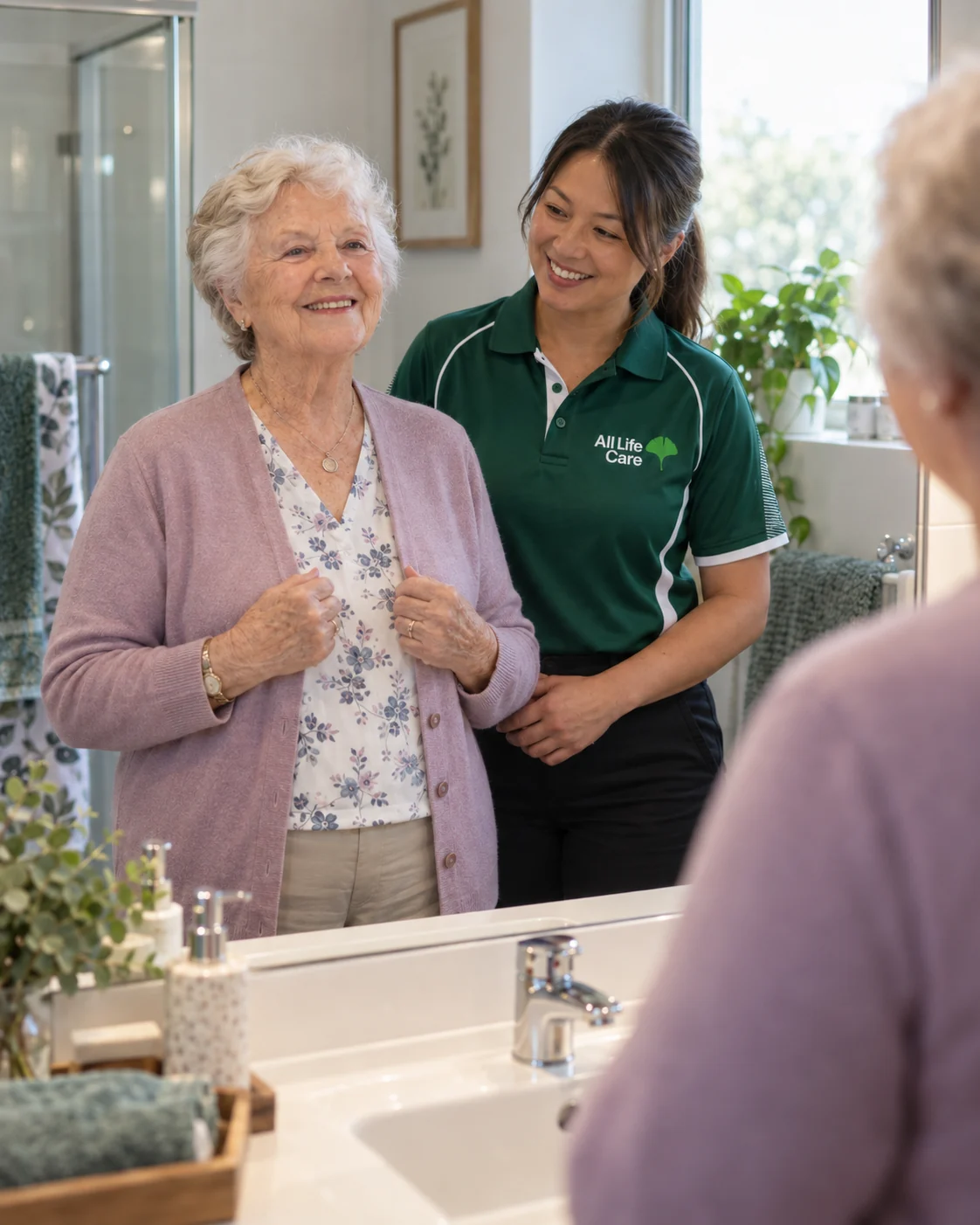 All Life Care support worker assisting an older woman with a personal-care routine at home