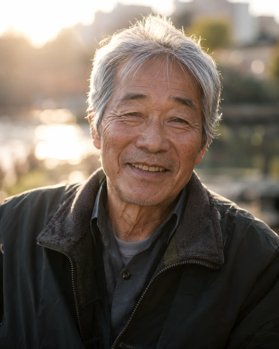 Smiling older Asian man outdoors in warm natural light