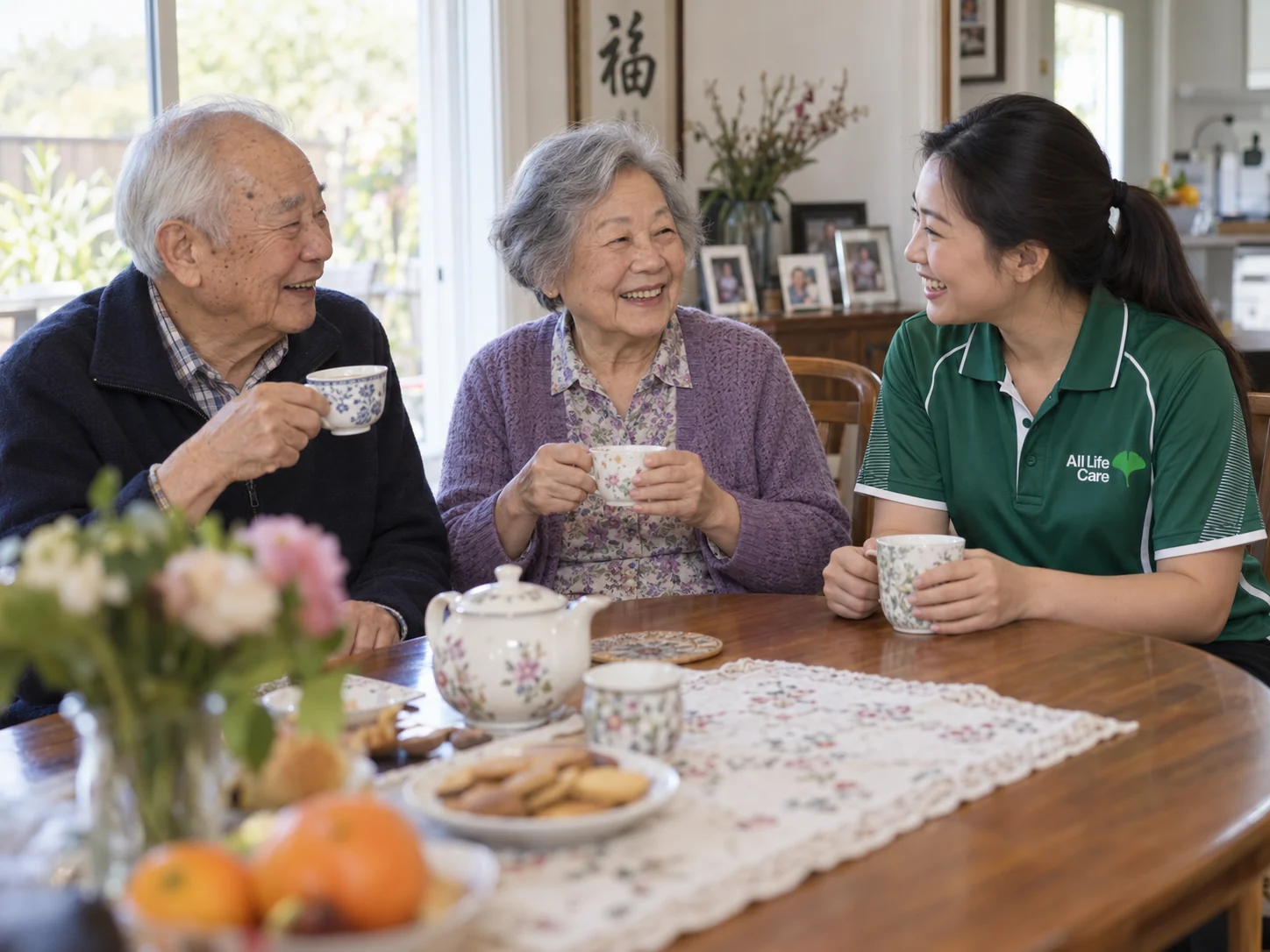 Older couple sharing tea and conversation with an All Life Care support worker at home