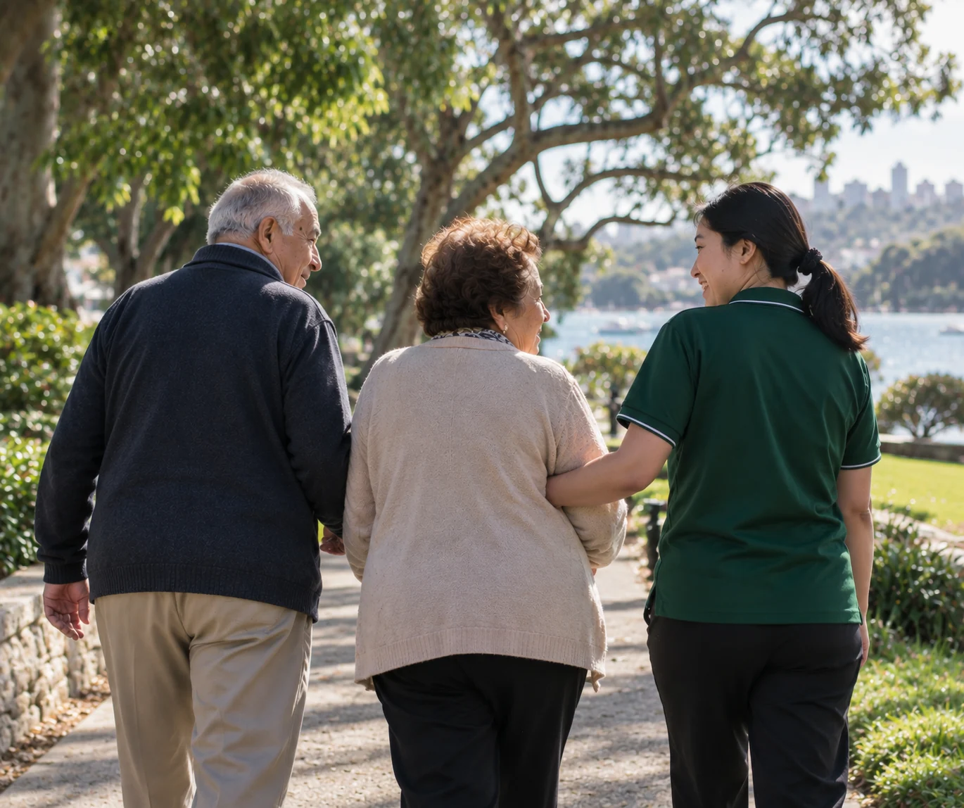Older couple walking with an All Life Care support worker by the waterfront
